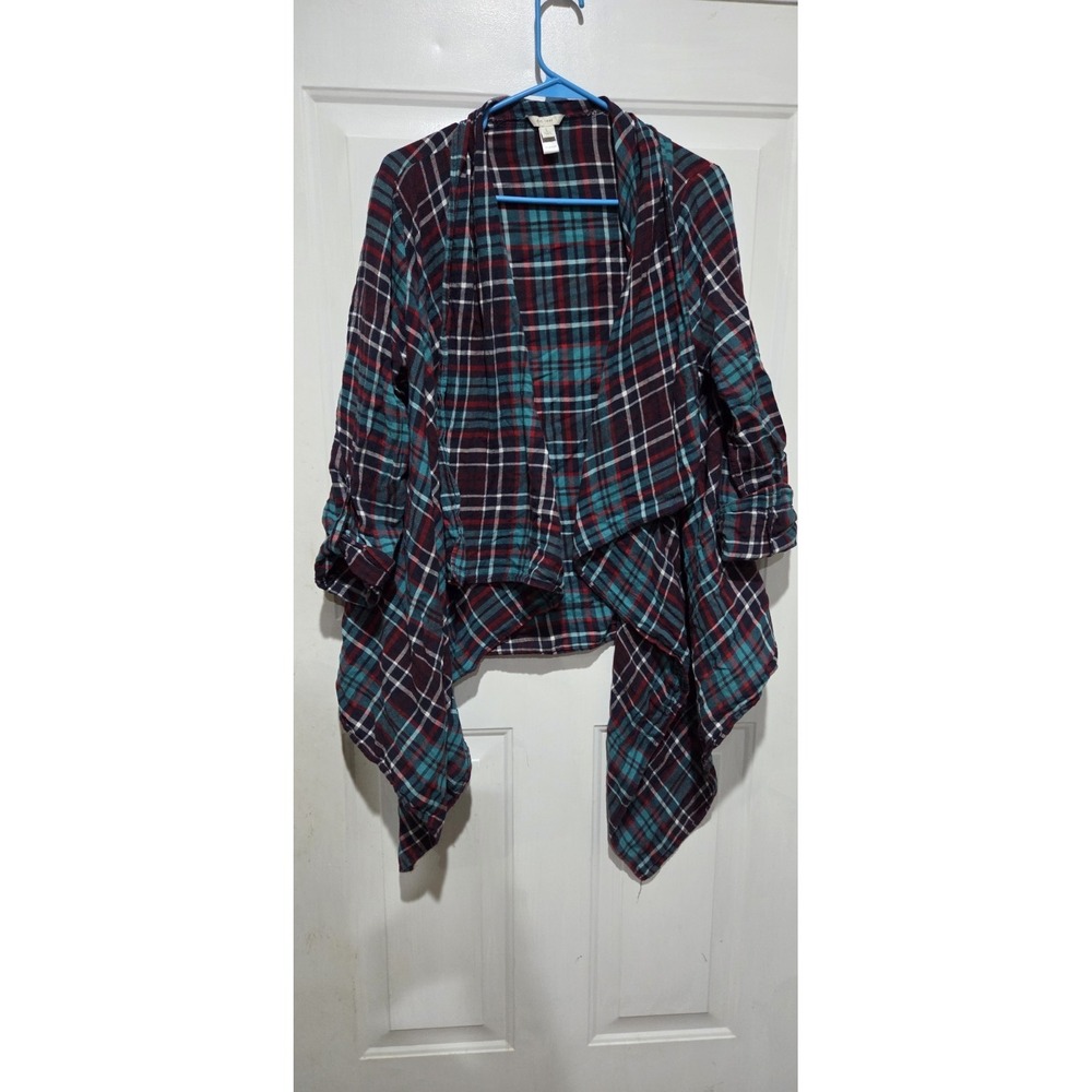 Est.1946 Teal & Red Plaid Open Front Waterfall Cardigan Roll Sleeves Women L